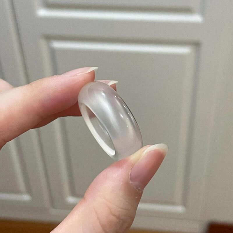 Natural High Ice Agate Ring for Women, Genuine Chalcedony, White Moonstone, Plain Band, Thin, Couple's Closed Ring, Men's Ring