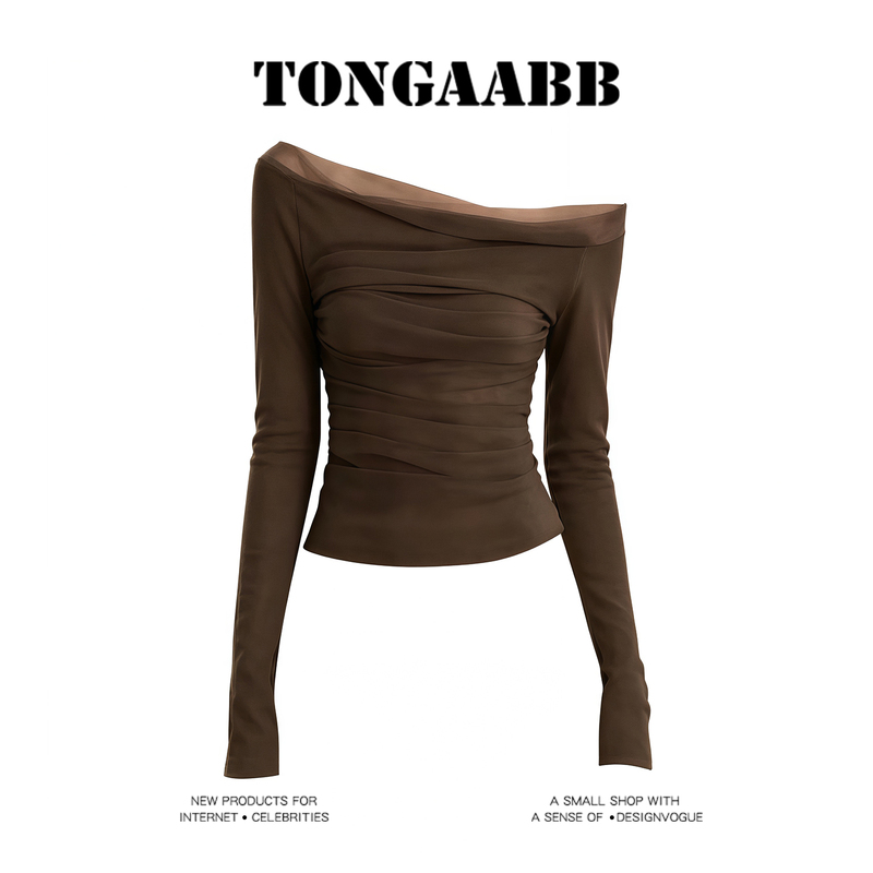 Melard Coffee-Colored Off-Shoulder Asymmetrical Mesh Long-Sleeve T-Shirt for Women, Autumn Slim-Fit Inner Layer Base Shirt, One-Shoulder Top Melard Coffee-Colored Off-Shoulder Asymmetrical Mesh Long-Sleeve T-Shirt for Women, Autumn Slim-Fit Inner Layer Base Shirt, One-Shoulder Top