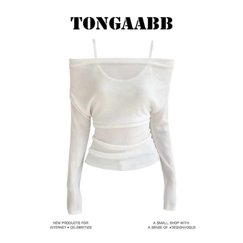 Pure Desire Style White Faux Two-Piece Off-Shoulder Long-Sleeve Knit Top for Women, Autumn Niche Exposed Shoulder Slim Fit Versatile Trendy Top