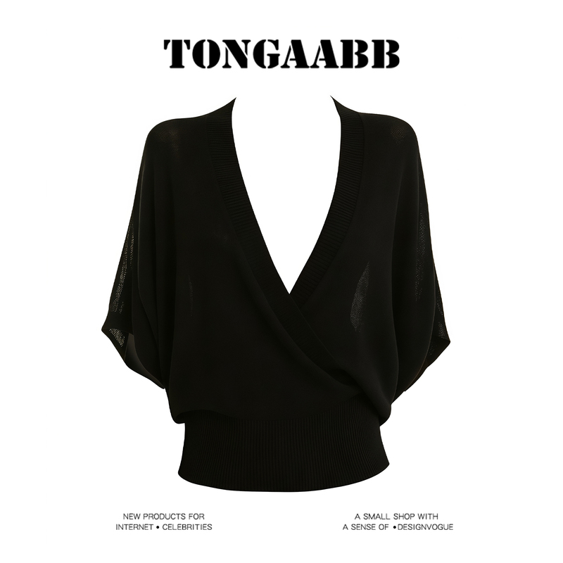 Super Slimming and Stylish Woolen Short Batwing Sleeve Casual Versatile Waist-Cinching Top, Autumn Niche Black V-Neck Knit Sweater