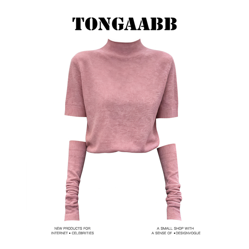 Hot Girl Style Pink Half-High Collar Short-Sleeved Knitwear for Women in Autumn and Winter, Soft and Sweet, Versatile and Elegant, Sleeveless Sweater Top