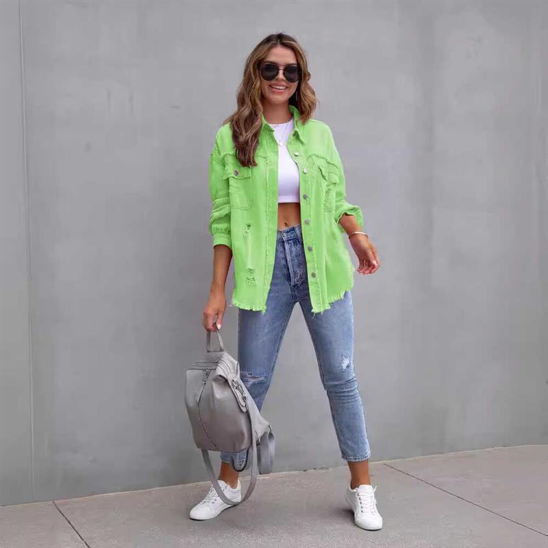 European and American Style Ripped Denim Jacket for Women, Autumn and Winter Long-Sleeved Loose Jacket with Lapel, Casual Jacket Coat