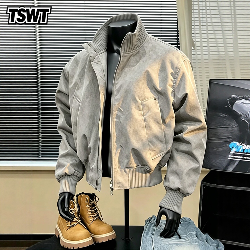 High-End American-Style Flight Jacket for Men, Autumn and Winter 2026 New Style, Fleece-Lined Workwear Baseball Collar Short Pu Suede Jacket