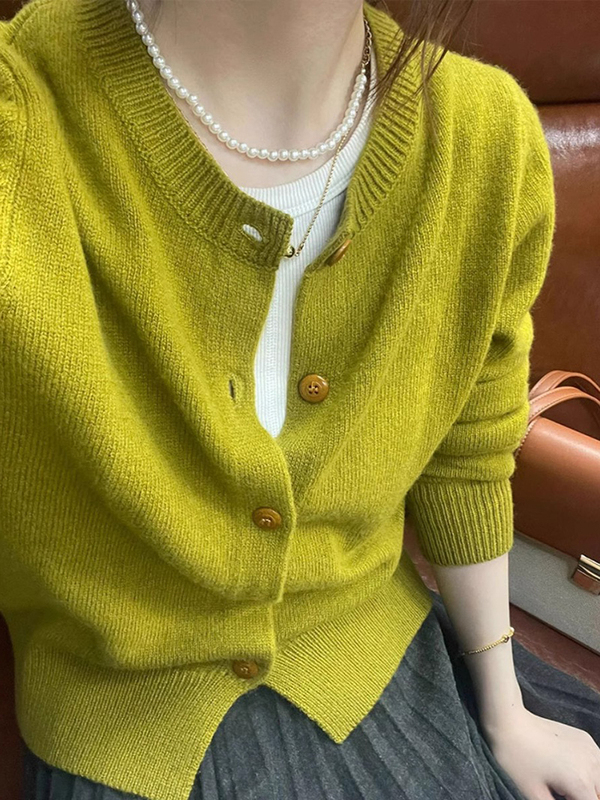 Mustard Green Round-Neck Sweater Knit Cardigan for Women, Spring and Autumn 2026 New Style, Gentle and Soft Top, Slim Fit, Elegant Outerwear
