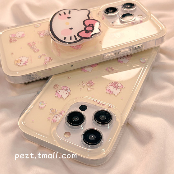 Apple 14 휴대 전화 케이스에 적합한 스탠드가 있는 만화 hellokitty 소녀 심장 iphone15promax mini 새로운 13pro 안티 가을 12 실리콘 14pro 귀여운 11 여성 13 모든 항목 포함