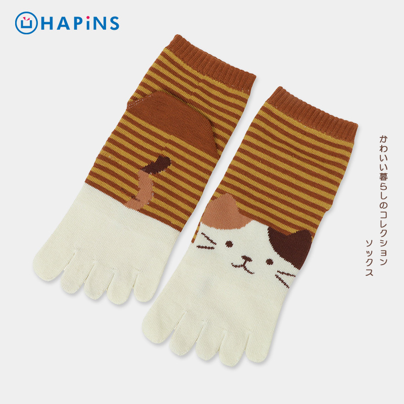 Japanese Hapins Cute Cat Five-Toe Socks for Women, Autumn and Winter Fleece-Lined Mid-Calf Socks, Autumn Split-Toe Socks, Women's Long Socks