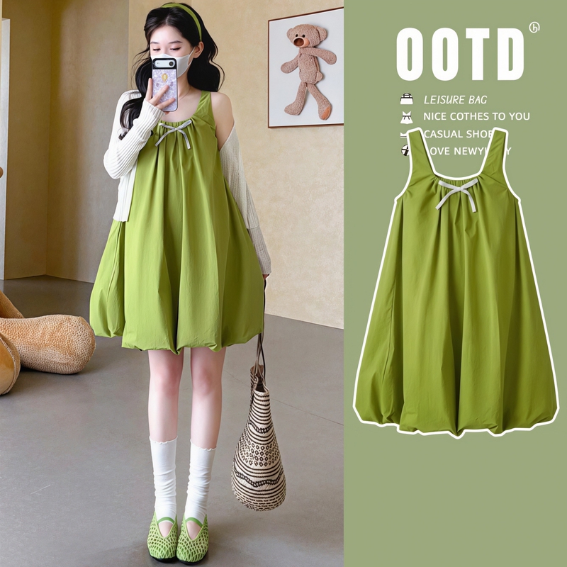 Maternity Wear "Blue Sky Unsent" French-Style Green Sleeveless Floral Tank Dress Summer Maternity Dress Fashion Set
