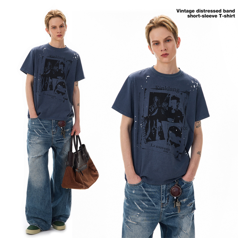 Oevb American Retro Distressed Splatter Short-Sleeve T-Shirt for Men and Women, Summer Loose Fit, Couple Style, Cool and High-End Top, Trendy