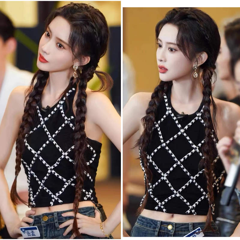 Meng Zi's Same Style Black Quilted Halter Neck Tie-Up Tank Top for Women, Suitable for Spring and Summer, Sexy and Trendy, Can Be Worn as an Outerwear or as a Sleeveless Top