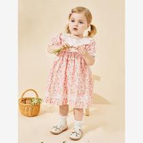 Princess dress for children and baby girls summer pink floral girl dress shell lace collar lady going out skirt