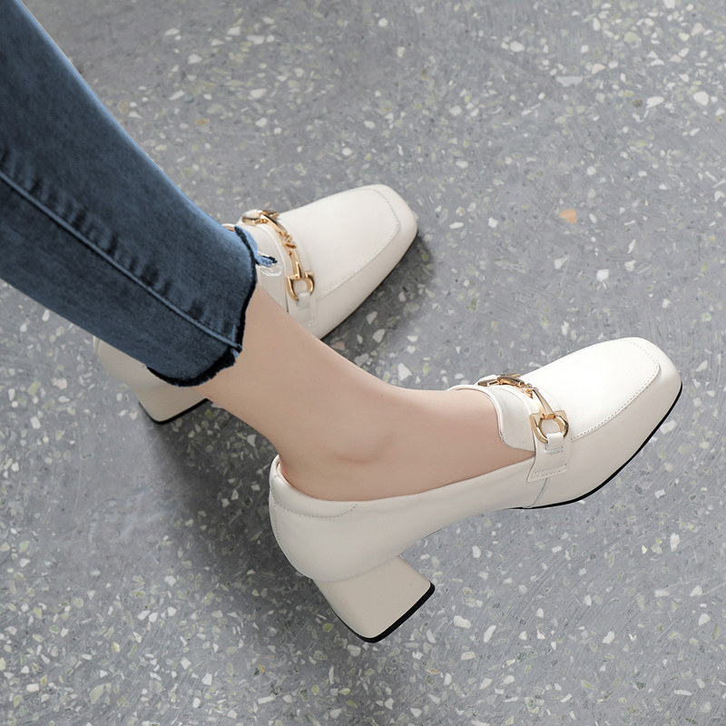 Women's Genuine Leather High-Heeled Shoes, Spring 2026 New Style, Chunky Heel, Square Toe, Soft Leather Casual Work Loafers