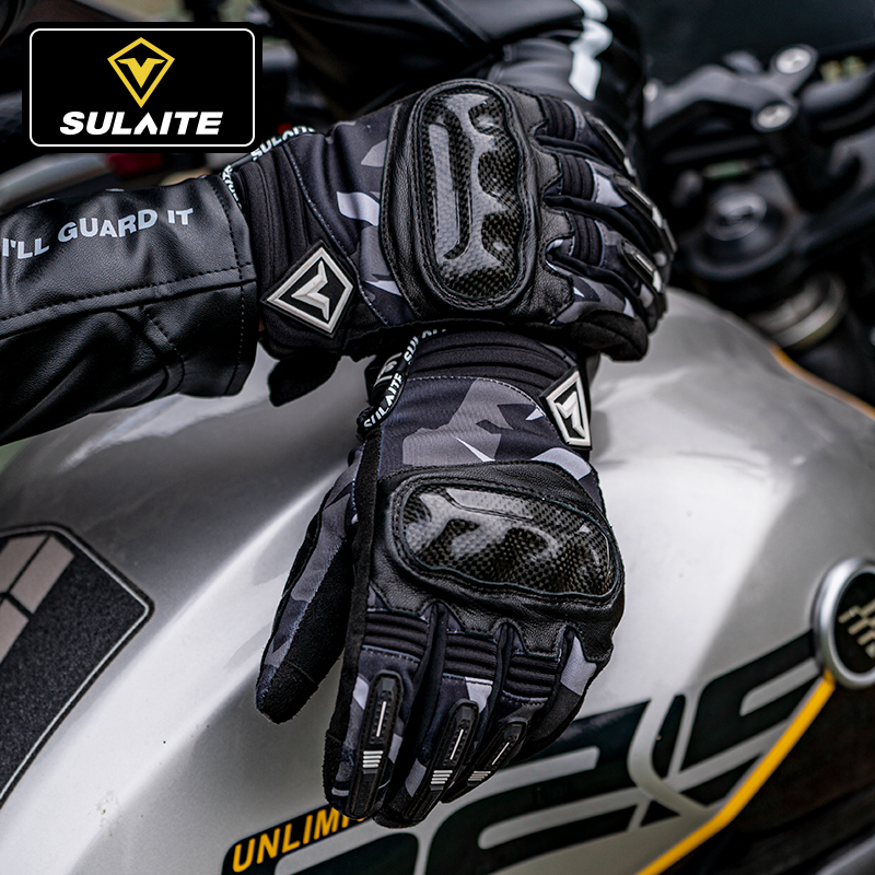 Winter motorcycle cycling gloves Leather waterproof warm locomotive anti-fall carbon fiber knight equipment plus thickening
