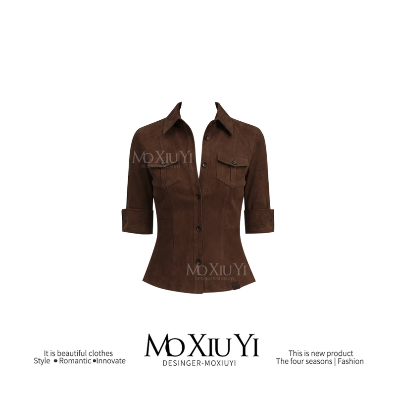 Moxi【In Stock】Vintage Brown Suede Shirt with a Japanese Style, Half-Sleeve Work Shirt with Padded Shoulders, Trendy Top for Women