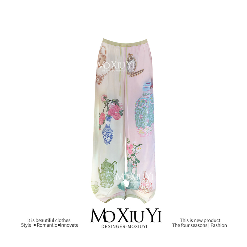 Moxiuyi Studio【In Stock】 Color-Blocked Printed Breathable Casual Wide-Leg Pants