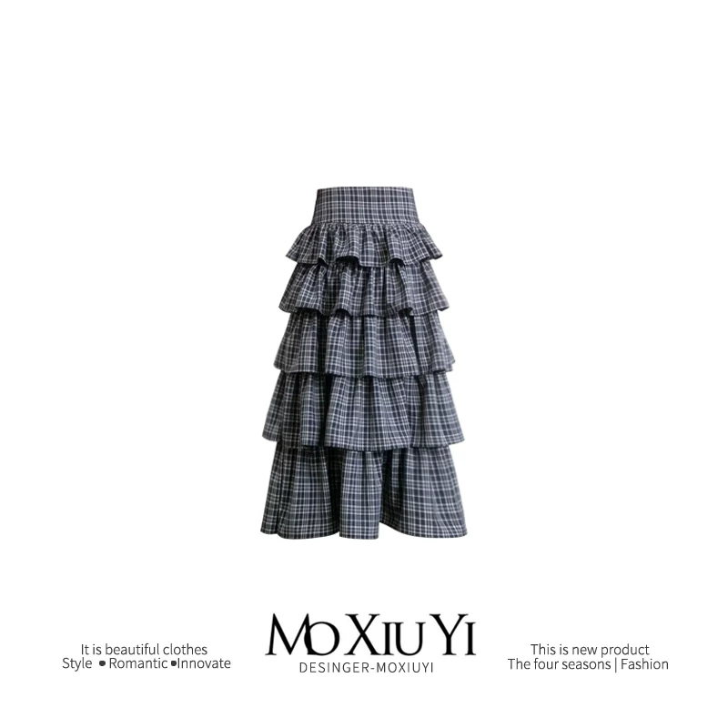 Moxiuyi [Spot] Годы четвертой сезоны ретро тяжелая промышленность сине-серая клетка пантоны кекс половина тела юбка длинная юбка девочка