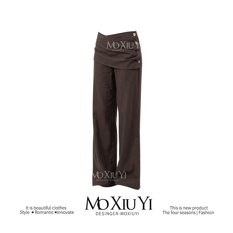 Moxiuyi S【In Stock】Dark Brown Three-Dimensional Pleated Skin-Friendly Vintage Silver Buckle Wide-Leg Straight Mid-Waist Casual Pants