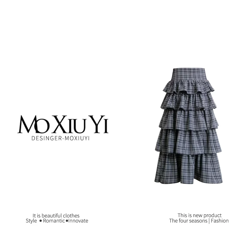 Moxiuyi [Spot] Годы четвертой сезоны ретро тяжелая промышленность сине-серая клетка пантоны кекс половина тела юбка длинная юбка девочка