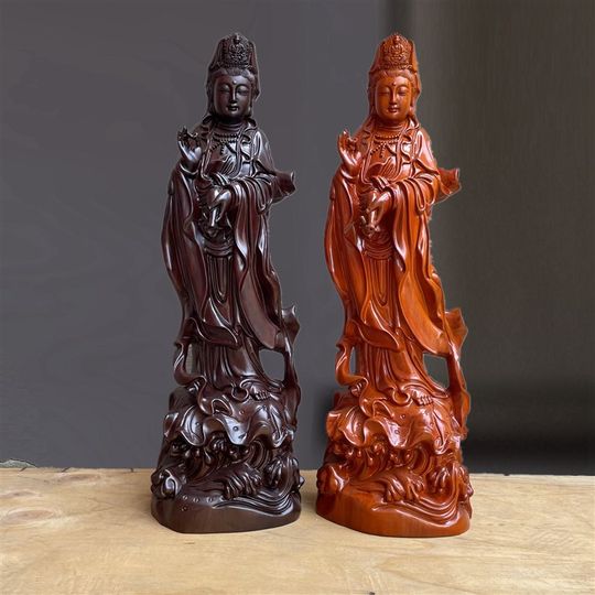Ébano tallado en madera maciza Guanyin Bodhisattva estatua de Buda sala de estar hogar adoración Q adornos estación Long Guanyin Bodhisattva