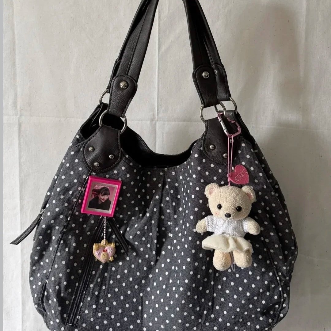 Корейская версия женской сумки-тоут в стиле колледжа в стиле ретро в горошек, новинка 2025 года, модная универсальная сумка через плечо большой емкости