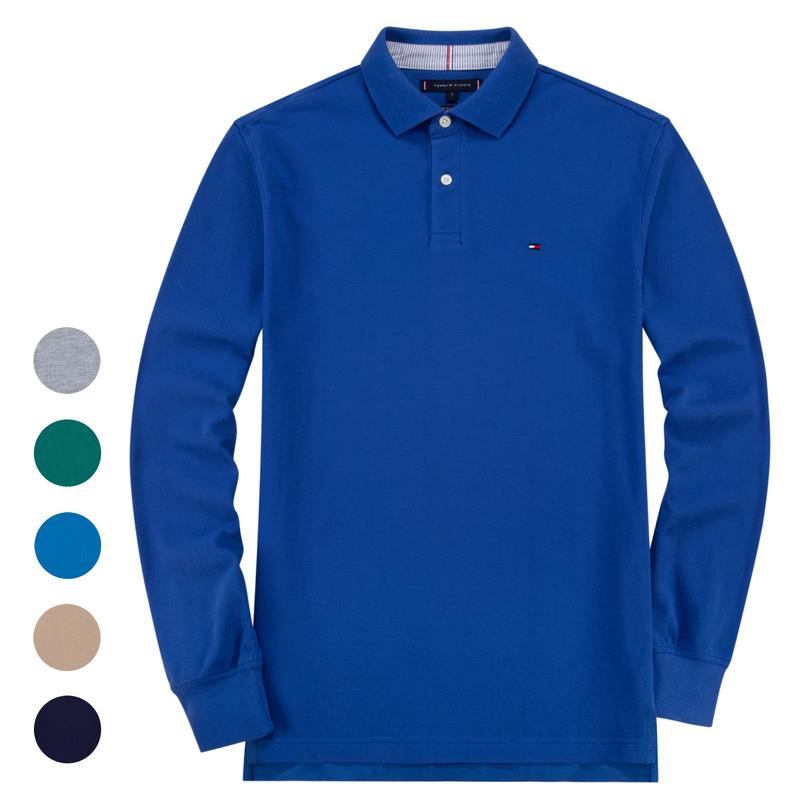North American Authentic Tommy Men's Long-Sleeved Polo Shirt with Lapel, American Casual Autumn and Winter Pure Cotton T-Shirt Base Layer