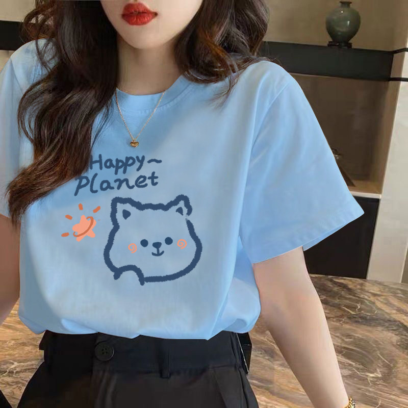 短袖t恤女夏季小众上衣卡通印花减龄宽松高级感2026年新款天蓝色T