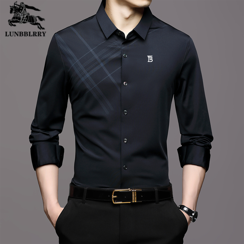 Spring and Autumn Season Rumba Baoli Long-Sleeve Shirt for Men, Made of Mulberry Silk, Casual Business Non-Iron Ice Silk Shirt, High-End Trendy