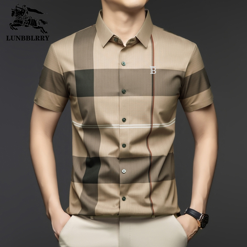 Summer Lumba Baoli Men's Silk Short-Sleeve Shirt High-End Youth Plaid Business Casual Thin Shirt
