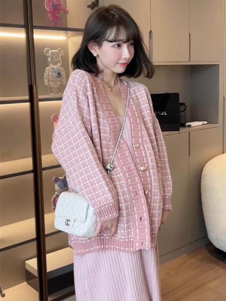 MATERNITY AUTUMN NEW FRENCH SMALL FRAGRANCE KNITTED CARDIGAN BASE KNITTED SUNDRESS TWO-PIECE SET OF FOREIGN WEAR