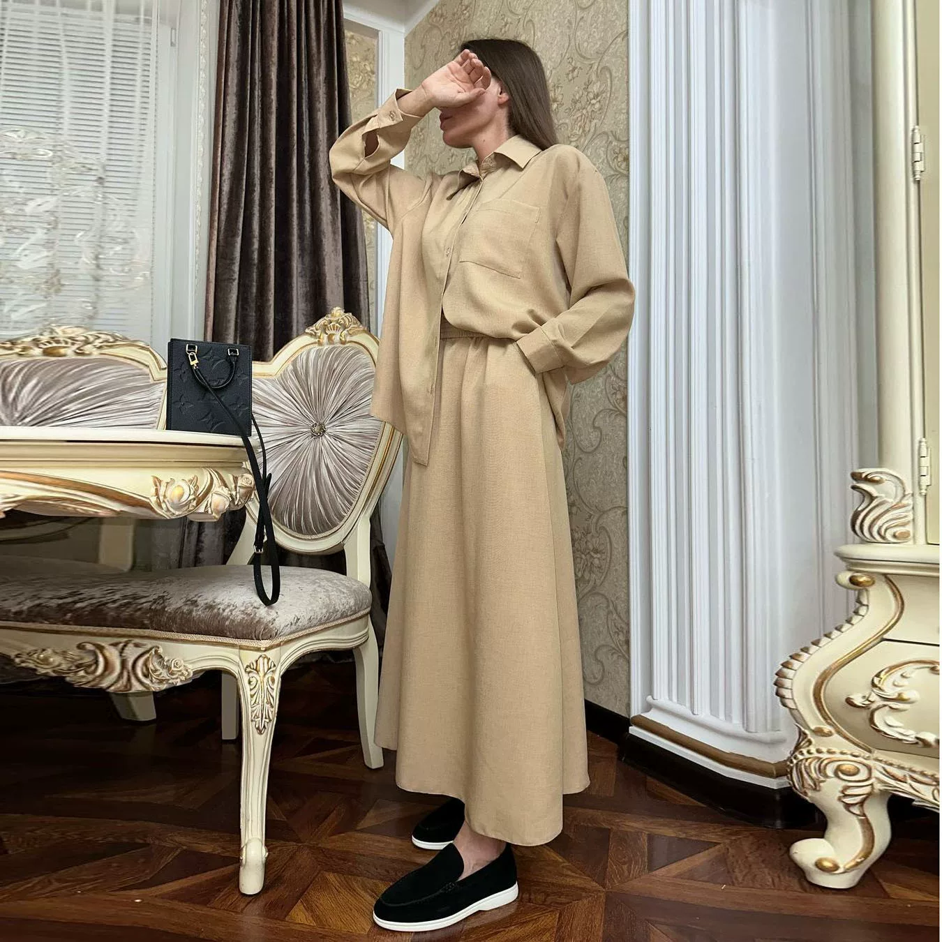 Свободная рубашка с длинным рукавом, костюм юбка, свободная рубашка с длинным рукавом, набор кожи, женщины