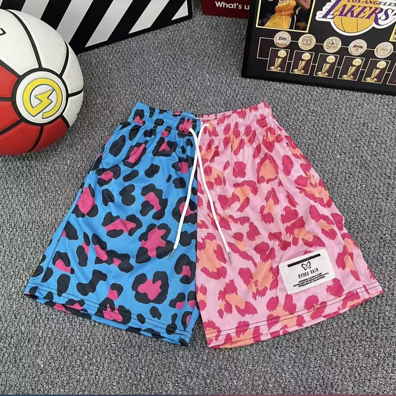 New Spliced Leopard Print Shorts for Men, American Retro Trendy Summer Quick-Drying Breathable Sports Pants, Basketball Training Shorts