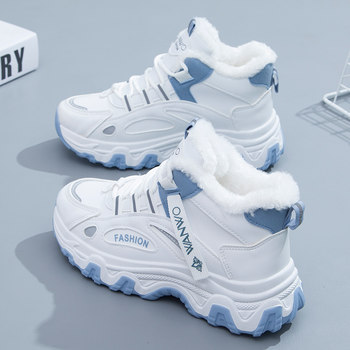 Fleece-Lined Warm Snow Boots for Women, 2025 New Autumn and Winter Versatile Fashionable Large Cotton Shoes, Women's High-Top Sneakers