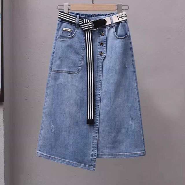 Retro blue denim skirt for women 2025 spring and autumn new high-waisted distressed mid-length slit one-step skirt