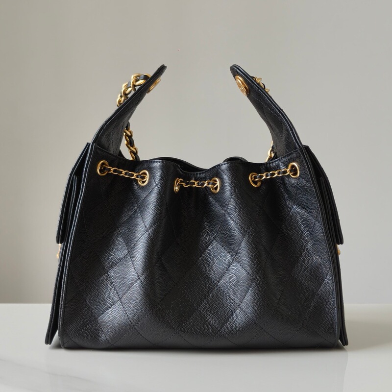 25Bag Cowhide Small Chanel-Style Underarm Bag Drawstring Bucket Bag Genuine Leather Hippie Hobo Quilted Chain Shoulder Bag for Women