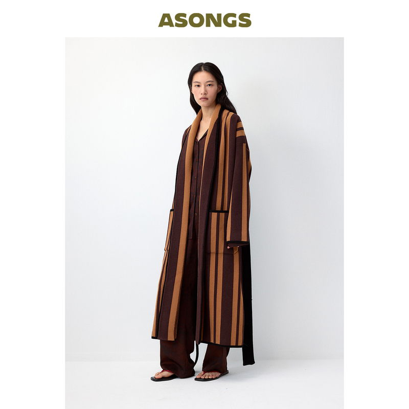 Amber Brown Contrast Striped Tweed Nightgown｜Asongs｜Can Be Worn Outside as Loungewear and Pajamas