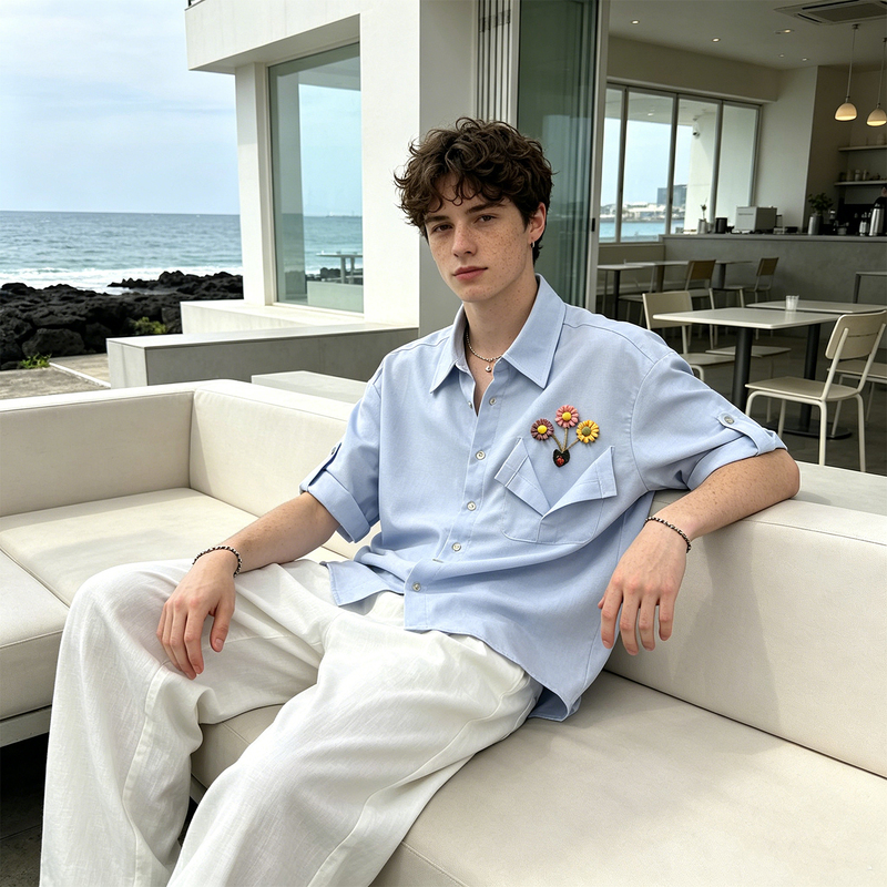 Smart Chen Natural Linen Lightweight Anti-Wrinkle Shirt with Loose Collar, Short Sleeves, Floral Decoration, Men's Casual Thin Top