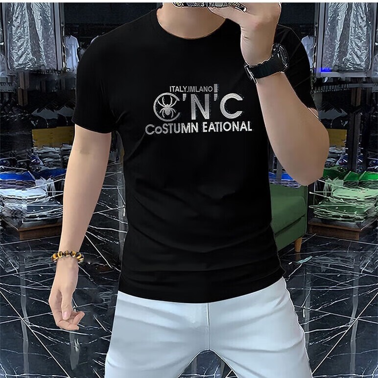 Cnc Summer Short-Sleeve T-Shirt for Men, Trendy Slim-Fit Rhinestone Silk Cotton T-Shirt, Men's Casual Versatile Top, Trendy Brand Men's T-Shirt