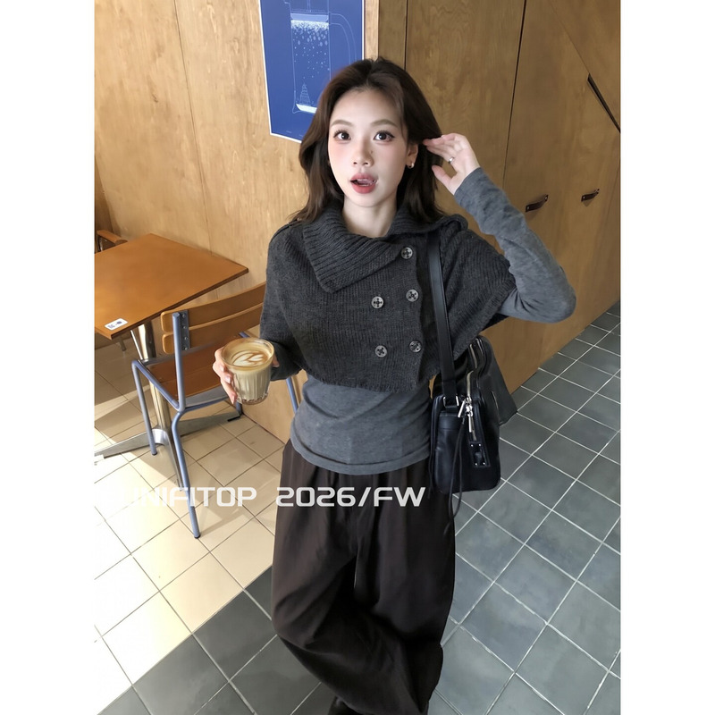 Unifitop Napoleon-Style Lapel Knitted Cape Shawl Cardigan Women's Autumn Round-Neck Striped T-Shirt Two-Piece Set Unifitop Napoleon-Style Lapel Knitted Cape Shawl Cardigan Women's Autumn Round-Neck Striped T-Shirt Two-Piece Set