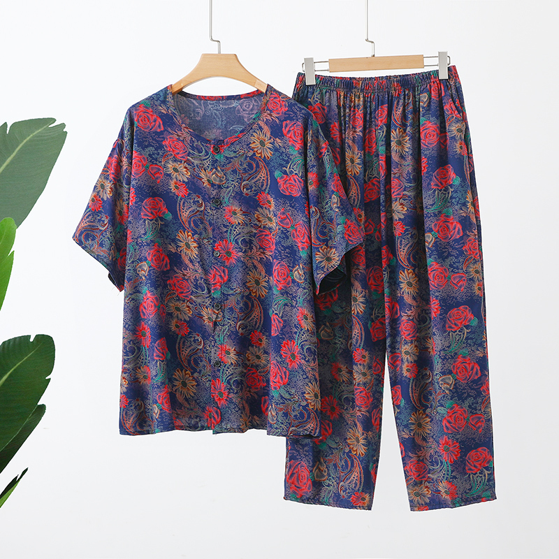 Middle-Aged and Elderly Cotton Silk Summer Short-Sleeved Button-Up Cardigan Pants Set Artificial Cotton Mother's Loose Large Size Two-Piece Set