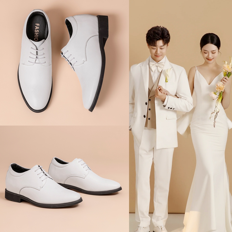 2026 Groom's Height-Increasing Wedding Shoes, Summer Men's British Business Casual White Leather Shoes to Match Suits, Groomsmen