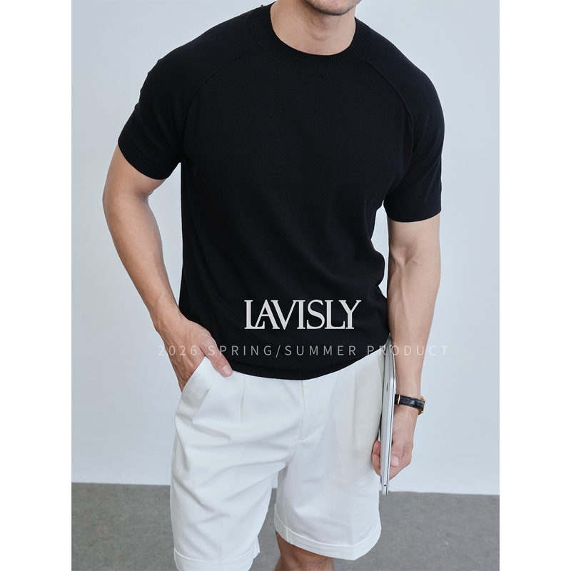 Spring and Summer Muscular Men's Pure Cotton Round Neck Black T-Shirt Men's Casual Versatile Business High-End Fitness Short-Sleeved Men's Shirt