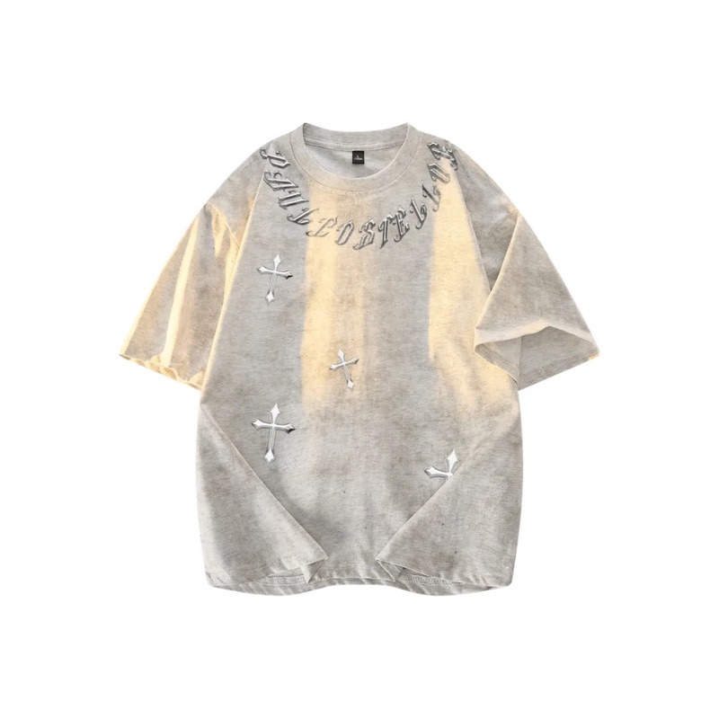 Paul Paul American Retro Gothic Liquid Mercury Cross Star Printed Starry Tie-Dye Sequined Short-Sleeved T-Shirt