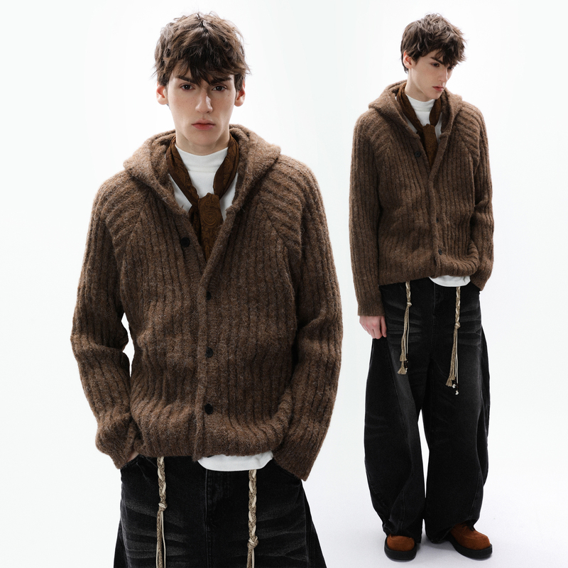 Ravenoasis American Retro Lazy Style Hooded Knit Sweater Jacket for Men, Thick Ribbed High-End Sweater Cardigan Ravenoasis American Retro Lazy Style Hooded Knit Sweater Jacket for Men, Thick Ribbed High-End Sweater Cardigan