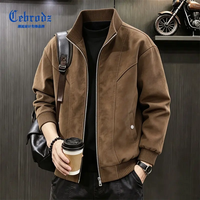 Cebrodz Men's French Japanese Style Autumn Stand Collar Leather Jacket Men's Plus Size Coat Trendy Casual Men's Jacket
