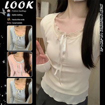 Pure Desire Hot Girl Lace-up Fake Two-piece T-Shirt Womens Spring and Autumn Fungus Round Neck Slim Fit Chic and Beautiful Little Top