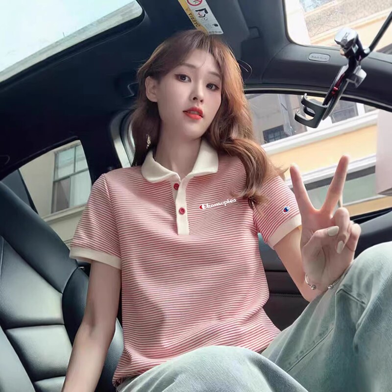Japanese Style Champion Bean Embroidery Striped Polo Shirt T-Shirt for Women, New Summer Versatile Loose Slimming Short-Sleeve Top Trendy Japanese Style Champion Bean Embroidery Striped Polo Shirt T-Shirt for Women, New Summer Versatile Loose Slimming Short-Sleeve Top Trendy