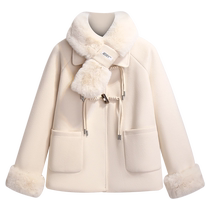 Red small fragrant style woolen coat quilted and thickened womens 2023 autumn and winter new New Years shirt with scarf coat