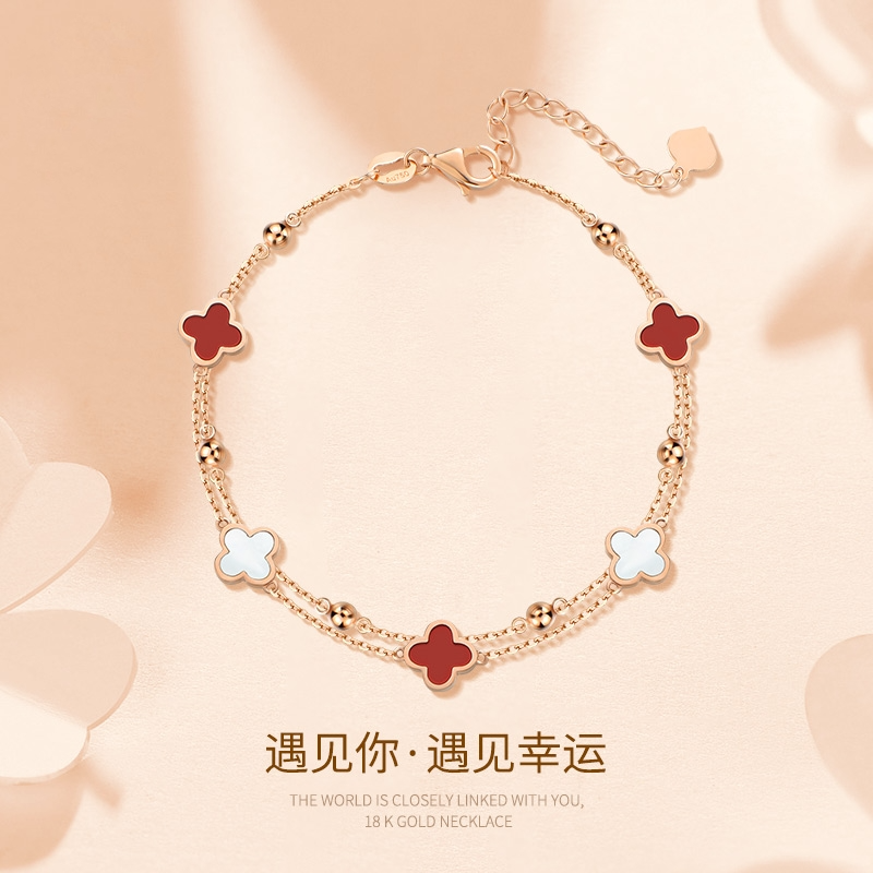 スターリングシルバーの四つ葉のクローバー瑪瑙ブレスレット2025年新作ハンドジュエリーライトラグジュアリーニッチ記念日誕生日彼女へのプレゼント