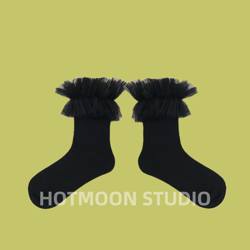 Hotmoon/Original Design Oversized Fluffy Lace Cute Black Mid-Calf Socks for Girls Korean Style Princess Socks