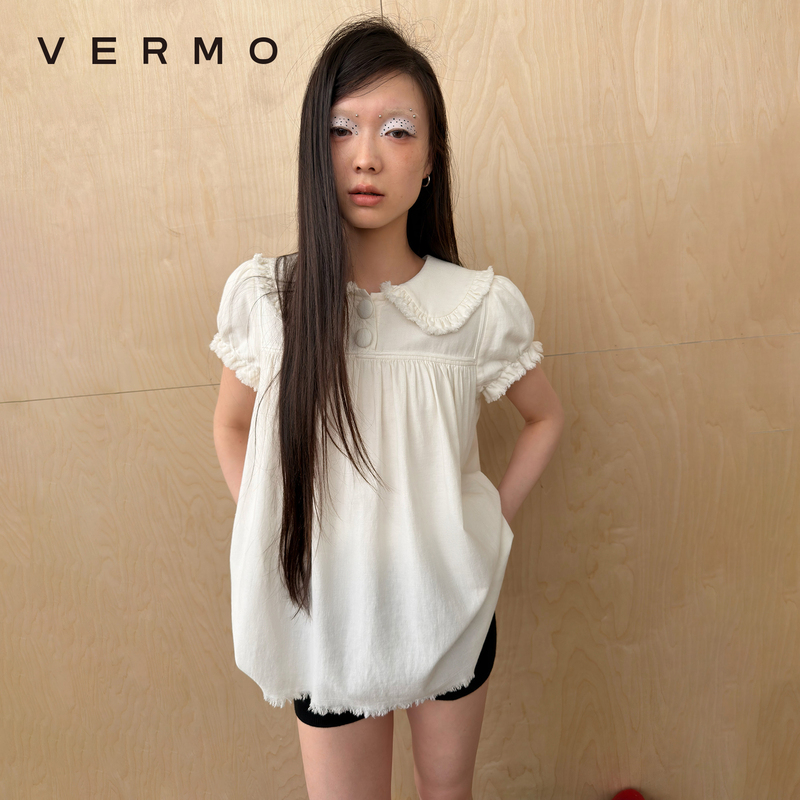 Vermo Retro Playful Pleated Layered Doll Collar Loose Frayed Hem Washed Top