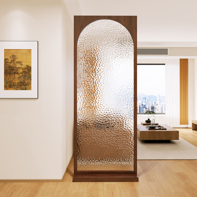 Vintage-Style No-Drill Solid Wood Glass Screen Partition for Living Room Entrance, Door Divider, and Decorative Partition